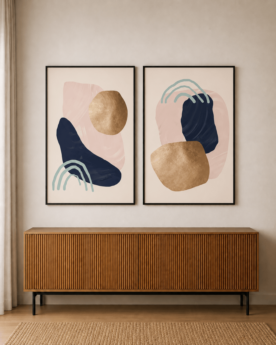 KIT 2 QUADROS DECORATIVOS -  ABSTRATO FORMAS AZUL ROSA E DOURADO